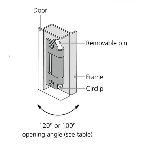 LD-Model-20-HI-installation Drawing showing opening angle of Concealed Hinge with Removable Pin